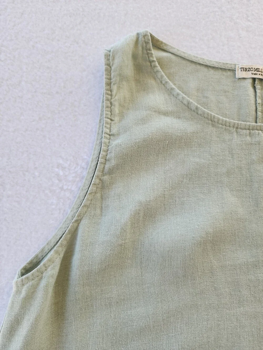 Terzo Millennio Italy 100% Linen Sage Green Sleeveless Ruffle Hem Dress L - Picture 5 of 8